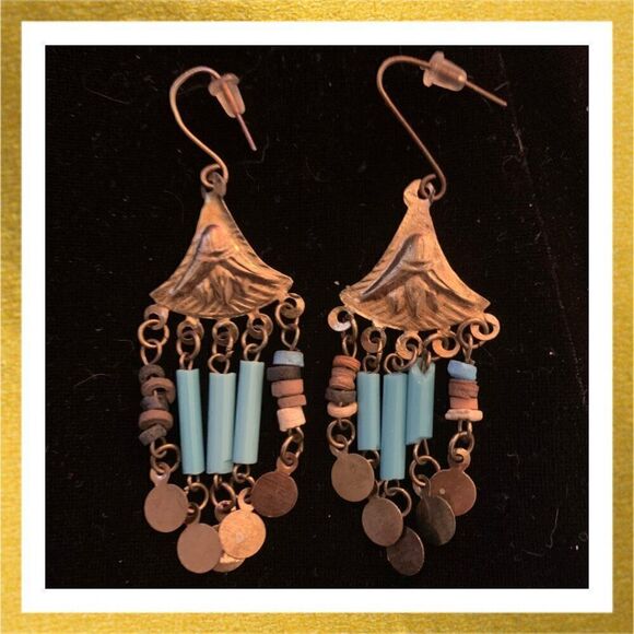3/$20 Hand Crafted BEADED Dangle HANDMADE Blue & Gold EARRINGS - Picture 1 of 1
